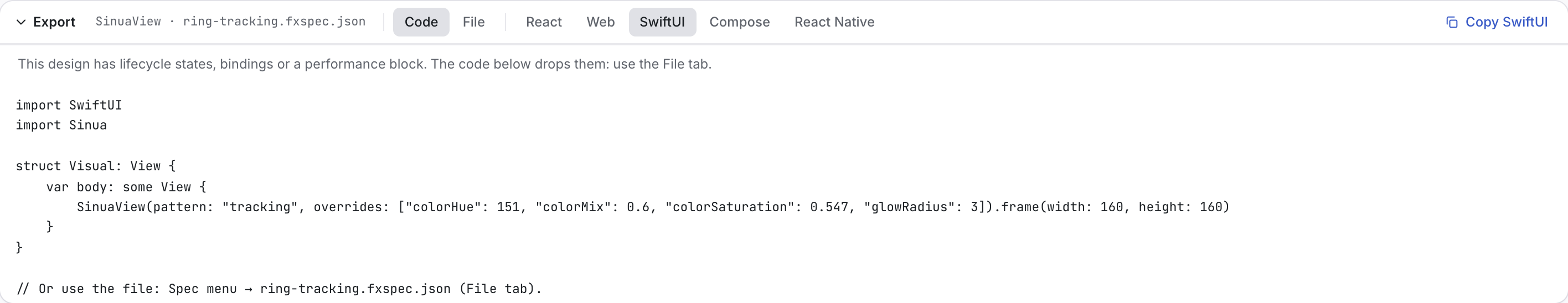The export drawer in Code mode, SwiftUI tab