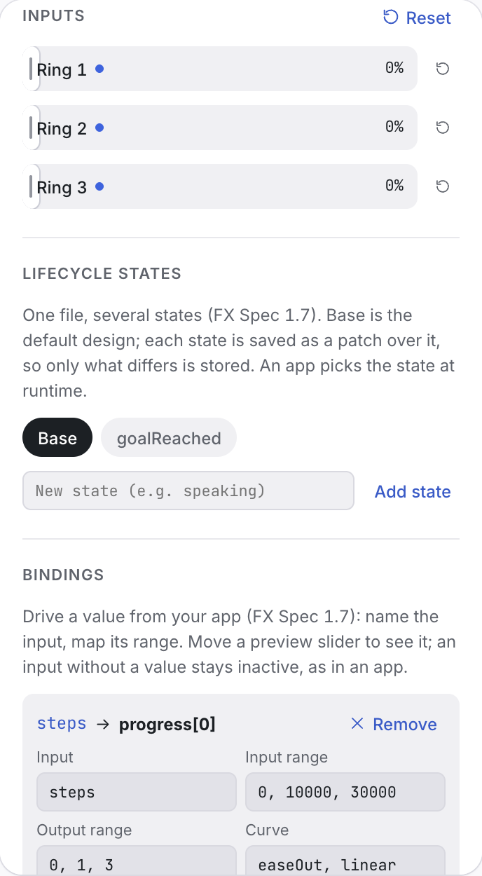 Lifecycle states and bindings in the inspector, with steps bound to a ring's progress