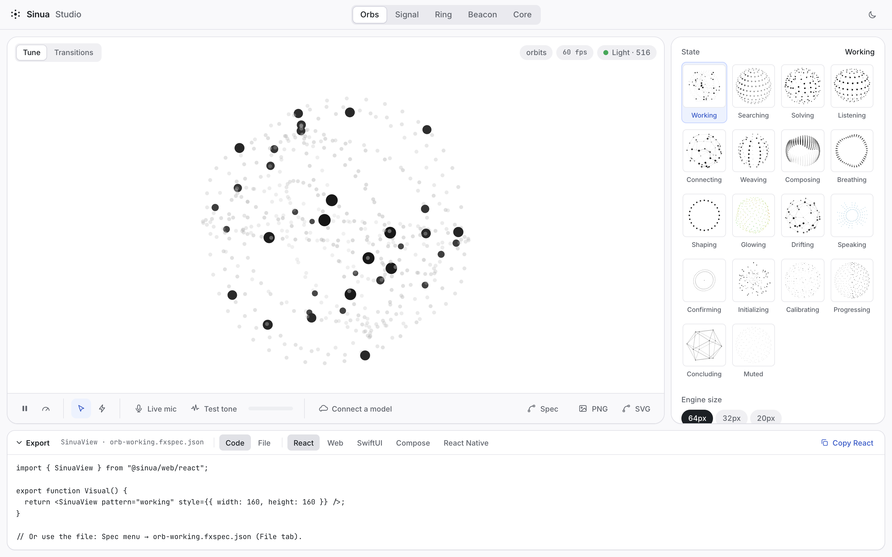 The Studio: the stage, the toolbar, the inspector and the export drawer